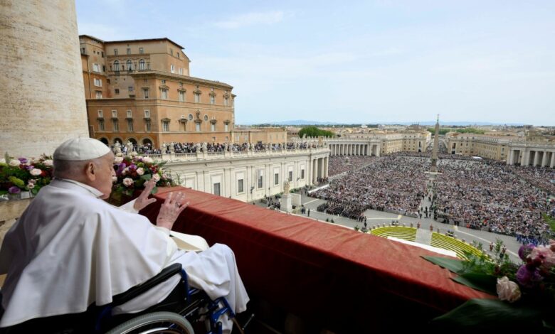 Pope Francis delivering the Urbi et Orbi message from the main balcony of St Peter's basilica on Easter, April 20, 2025