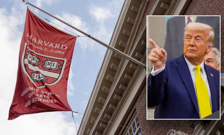 Split image of Harvard flag, Trump