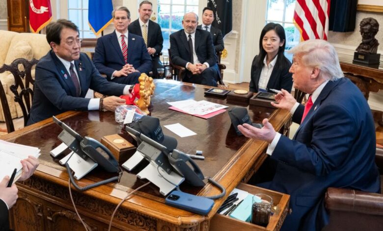 President Trump meeting in the Oval Office with Japanese Minister of State for Economic and Fiscal Policy Ryosei Akazawa on April 16, 2025.