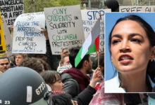 pro-Palestine protest, main image; right inset: AOC