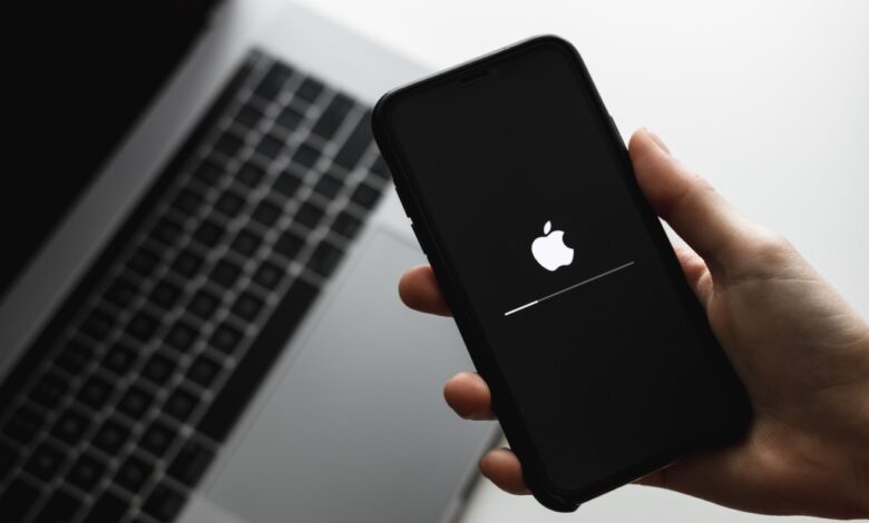 Hand holding an iPhone displaying iOS firmware update process, Rostov-on-Don, Russia, dated 22 May 2020