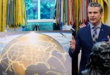 Defense Secretary Pete Hegseth speaks over Golden Dome display