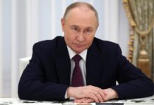 Russian President Vladimir Putin, listens to Akie Abe, the widow of former Japanese Prime Minister Shinzo Abe, during a meeting at the Kremlin, May 29, 2025, in Moscow, Russia.