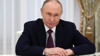 Russian President Vladimir Putin, listens to Akie Abe, the widow of former Japanese Prime Minister Shinzo Abe, during a meeting at the Kremlin, May 29, 2025, in Moscow, Russia.