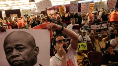 Tenants and housing activists, including Eric Adams and Mary Tudor, protesting against rent increase at Hunter College, New York on June 21, 2023
