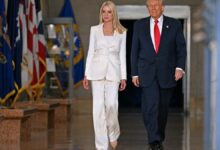 US President Donald Trump and US Attorney General Pam Bondi (L) arrive to speak at the Department of Justice in Washington, D.C. (Roberto Schmidt/AFP via Getty)