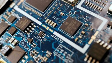 Semiconductor chips are seen on a circuit board