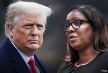 President Donald Trump and Letitia James are seen in this split image.