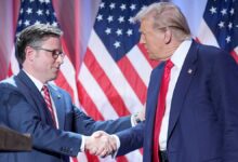 Speaker Johnson shaking hands with President Trump