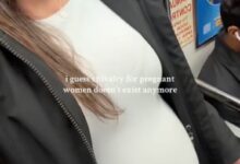 Pregnant woman expressing disappointment through a Tiktok video by @frankibartoli_ about the lack of chivalry in modern times