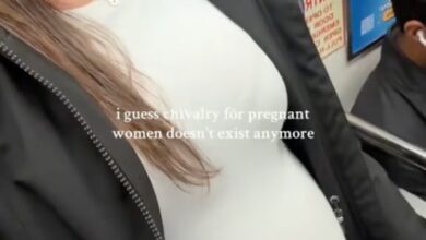Pregnant woman expressing disappointment through a Tiktok video by @frankibartoli_ about the lack of chivalry in modern times