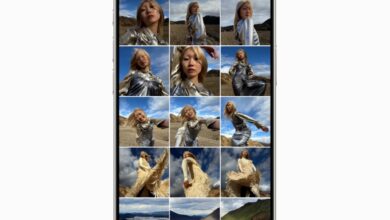 iPhone screen displaying a photo library with several images of a woman in different outfits.