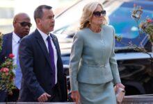 First lady Jill Biden and her senior advisor Anthony Bernal (L) arrive to the J. Caleb Boggs Federal Building for the trial of Hunter Biden, son of U.S. President Joe Biden, on June 04, 2024 in Wilmington, Delaware. Opening statements begin today in Hunter Biden's trial for felony gun charges.