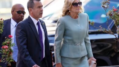 First lady Jill Biden and her senior advisor Anthony Bernal (L) arrive to the J. Caleb Boggs Federal Building for the trial of Hunter Biden, son of U.S. President Joe Biden, on June 04, 2024 in Wilmington, Delaware. Opening statements begin today in Hunter Biden's trial for felony gun charges.