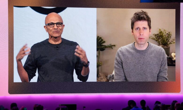 Satya Nadella and Sam Altman on a large screen.
