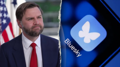 Vance, left; Bluesky app on phone right