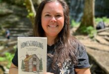 Ginny Yurich holding her book, Homeschooling: You're Doing It Right Just by Doing It.