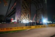 Crime scene under a bridge at night.