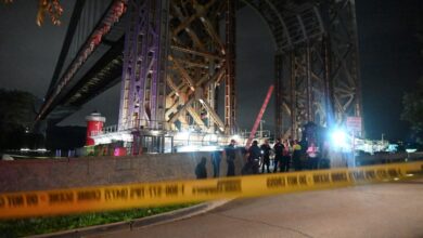 Crime scene under a bridge at night.