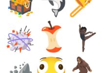 Illustration of new emojis: treasure chest, orca, trombone, exploding head, apple core, ballet dancer, landslide, and bigfoot.