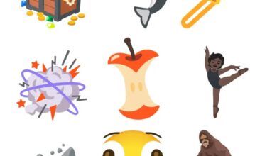 Illustration of new emojis: treasure chest, orca, trombone, exploding head, apple core, ballet dancer, landslide, and bigfoot.