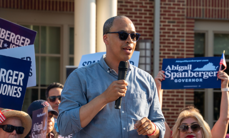 Jay Jones speaks during a campaign stop