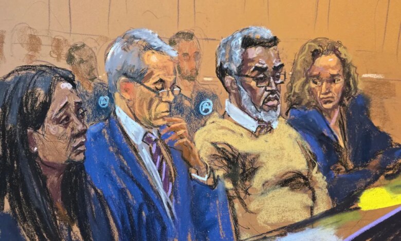 Illustration of Sean "Diddy" Combs with his lawyers Nicole Westmoreland, Brian Steel, and Alexandra Shapiro during a court sentencing.