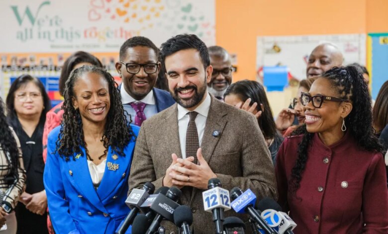 New York City mayor elect Zohran Mamdani visits Friends of Crown Heights Educational Center, an early childhood program in Brooklyn, meeting with educators and press about childcare reform in his upcoming term as mayor.
