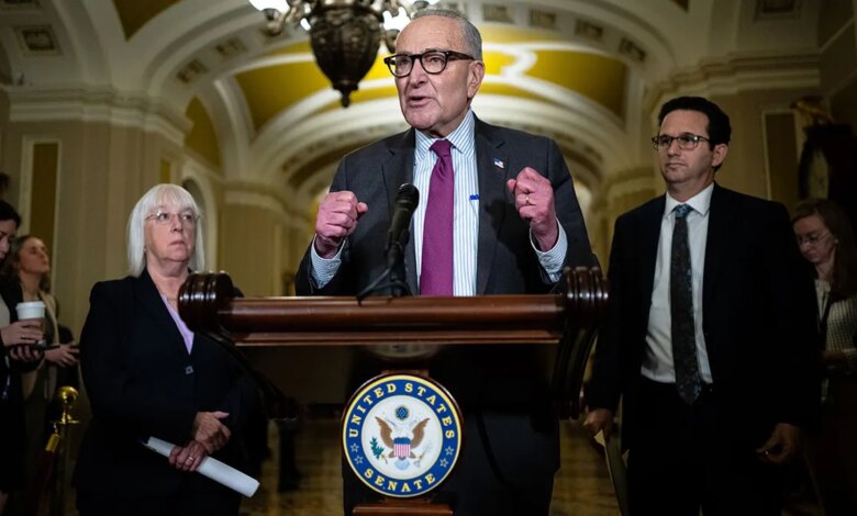 Senate Minority Leader Chuck Schumer, D-N.Y., with Sens. Patty Murray, D-Wash., and Brian Schatz, D-Hawaii, speaking.