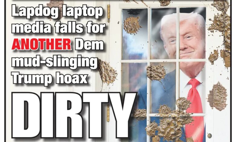 New York Post front page with the headline "EPSTEIN 'BOMBSHELL' FALLS APART," "Lapdog laptop media falls for ANOTHER Dem mud-slinging Trump hoax," and "DIRTY CLICKS" over an image of Donald Trump seen through a mud-splattered window.
