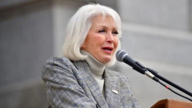 Tina Peters speaks to a crowd