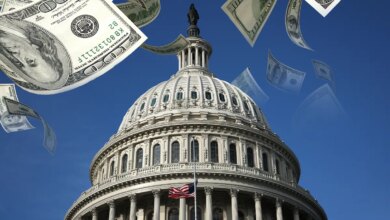The United States Capitol building surrounded by falling money