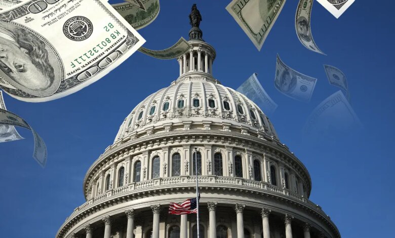 The United States Capitol building surrounded by falling money