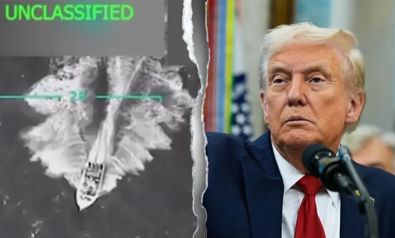 Targeting shot of a Venezuelan drug boat and Donald Trump