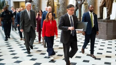House GOP leaders walk to a press conference