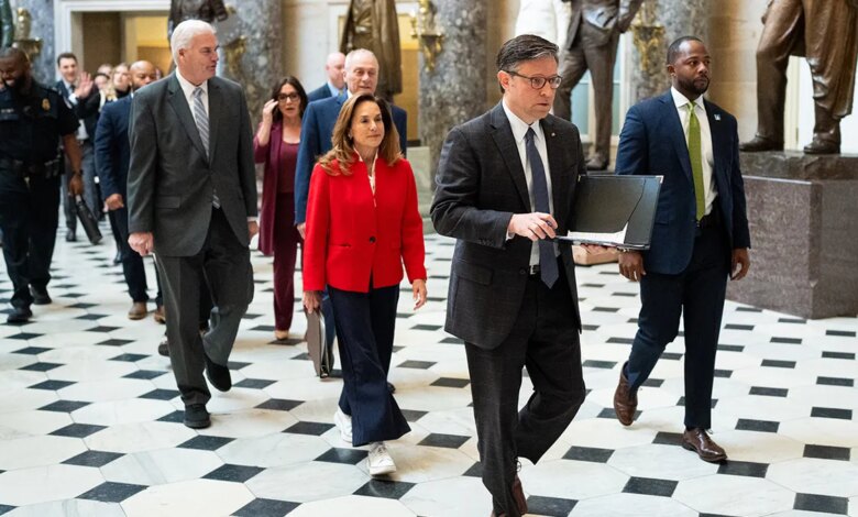House GOP leaders walk to a press conference
