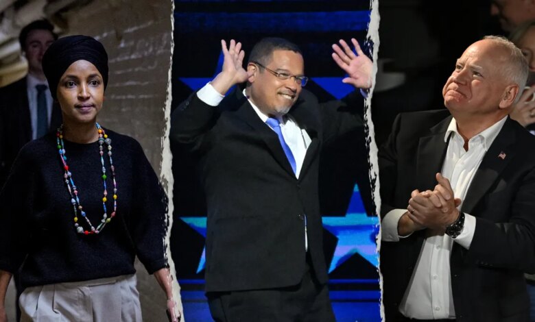 Split image of Ilhan Omar, Keith Ellison and Tim Walz