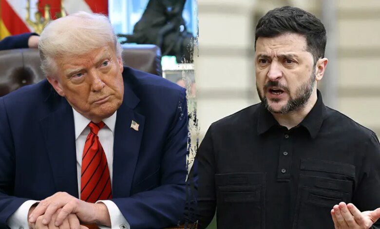 Donald Trump pictured next to Ukrainian President Volodymyr Zelenskyy