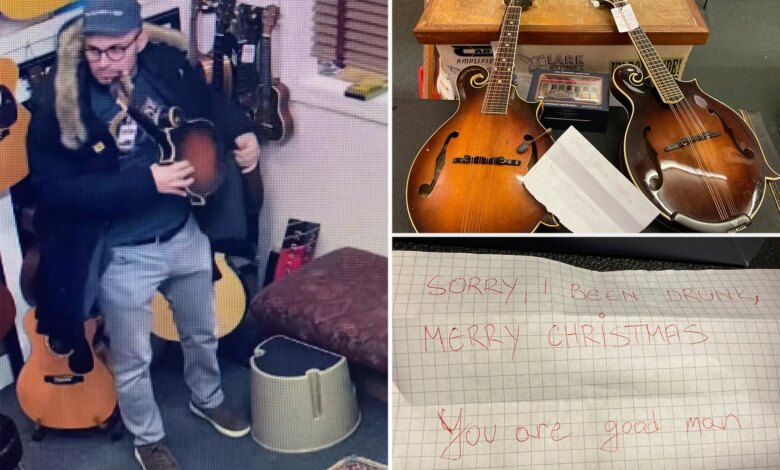Tipsy thief steals 2 mandolins from NJ music store, returns them days later with note saying 'I been drunk'