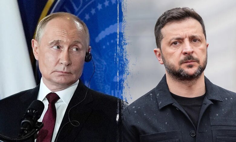 Russian President Vladimir Putin (left) and Ukrainian President Volodymyr Zelenskyy (right) are shown in a side-by-side photo illustration amid ongoing peace negotiations.