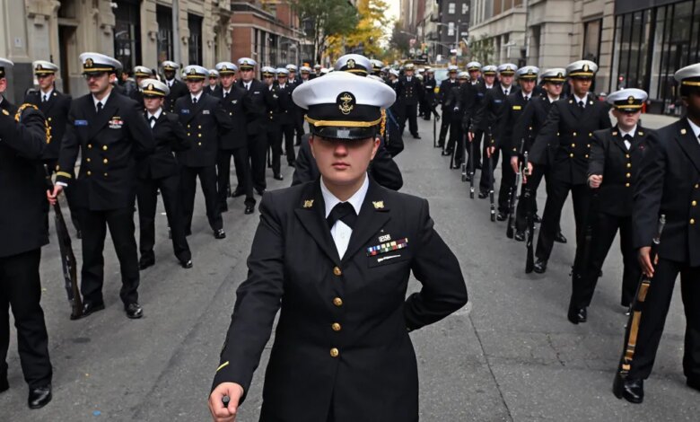 Veterans Day parade with sailors marching in uniform.