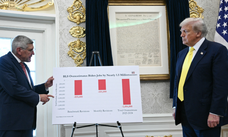 U.S. President Donald Trump and economist Stephen Moore look at data in the Oval Office