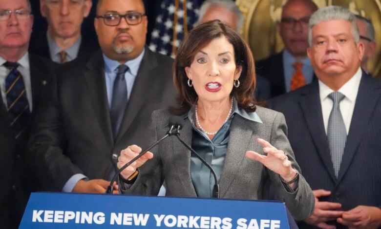 New York State Governor Kathy Hochul speaking at a press conference about ICE.
