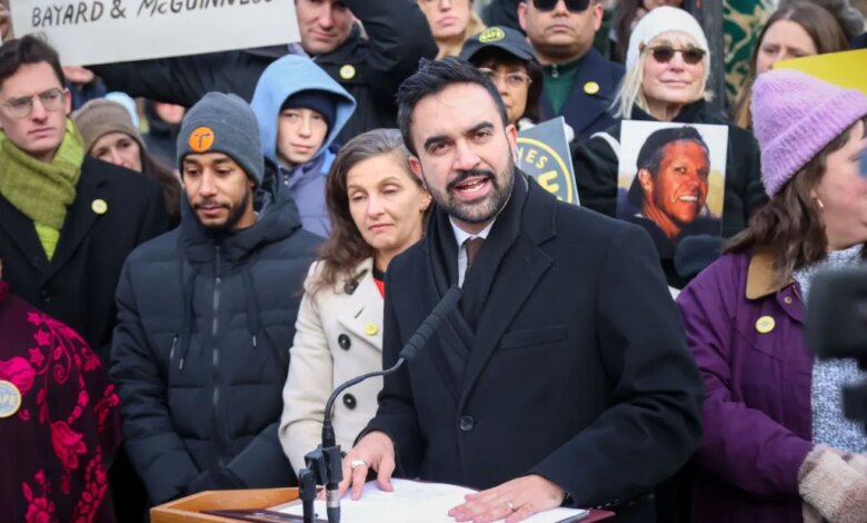 NYC Mayor Zohran Mamdani speaking at a press conference about the McGuinness Boulevard redevelopment plan.