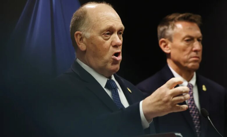 Border czar Tom Homan speaks during a news conference about ongoing immigration enforcement operations on January 29, 2026 in Minneapolis, Minnesota.