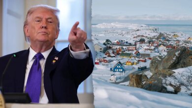 A split image of President Donald Trump pointing and the coast of Greenland
