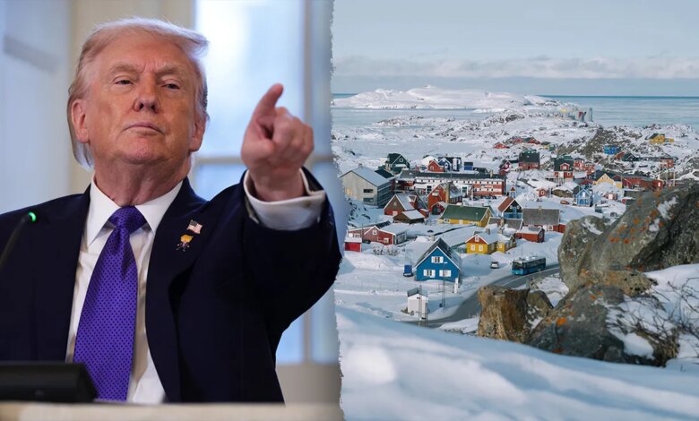 A split image of President Donald Trump pointing and the coast of Greenland