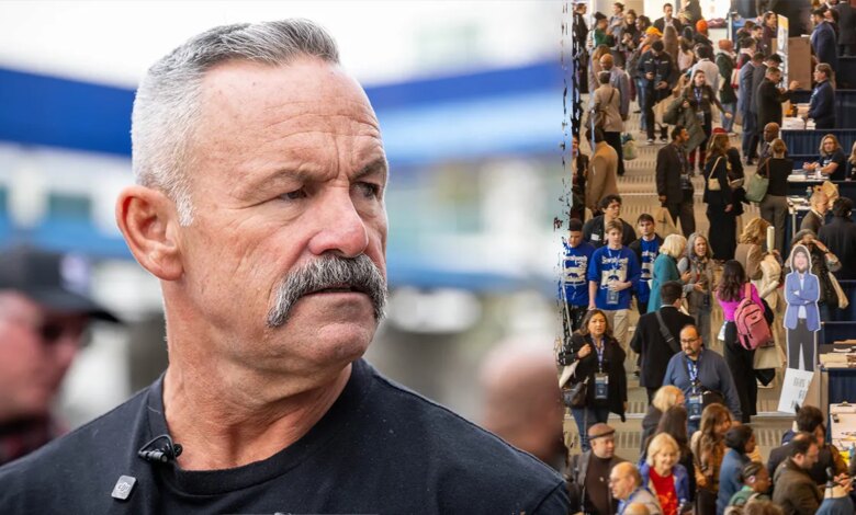 Split image of Chad Bianco and California Democrat Convention