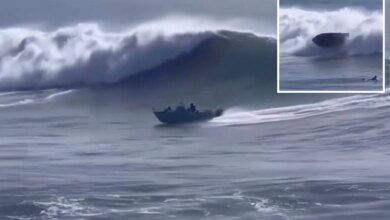Dramatic video shows family of six thrown out of boat after taking on massive wave