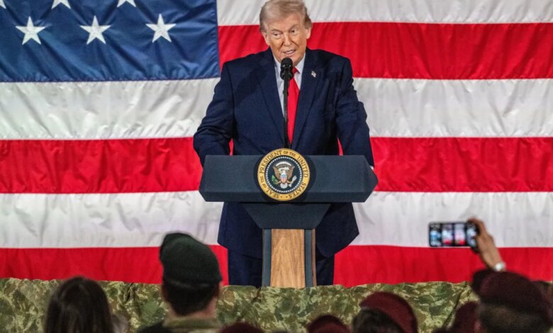 Donald Trump speaking at a podium with the Seal of the President of the United States, in front of an American flag.